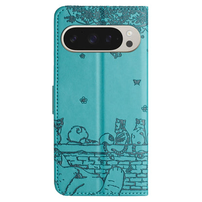 For Google Pixel 9 Pro XL Cat Embossing Pattern Leather Phone Case with Lanyard(Blue) by buy2fix