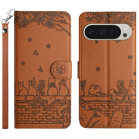 For Google Pixel 9 Pro XL Cat Embossing Pattern Leather Phone Case with Lanyard(Brown) by buy2fix