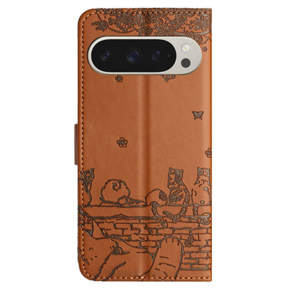 For Google Pixel 9 Pro XL Cat Embossing Pattern Leather Phone Case with Lanyard(Brown) by buy2fix