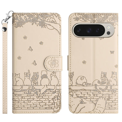 For Google Pixel 9 Pro XL Cat Embossing Pattern Leather Phone Case with Lanyard(Beige) by buy2fix