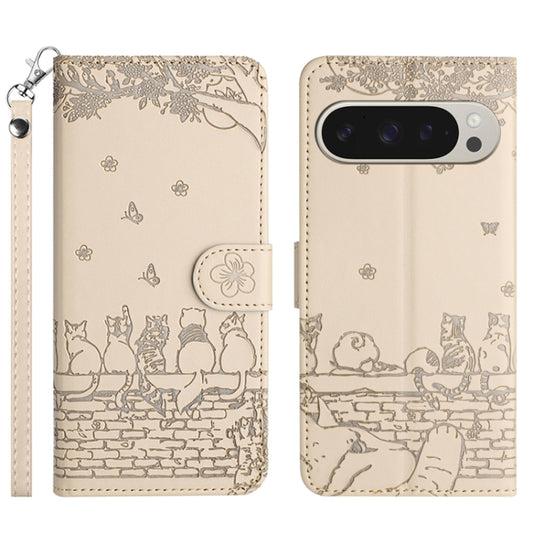 For Google Pixel 9 Pro XL Cat Embossing Pattern Leather Phone Case with Lanyard(Beige) by buy2fix