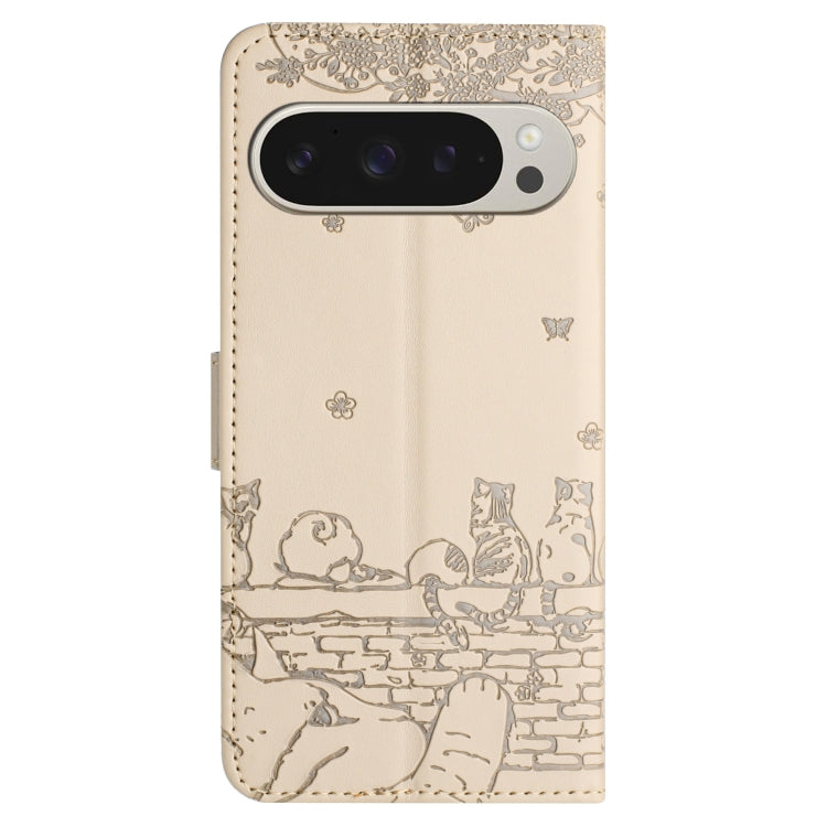 For Google Pixel 9 Pro XL Cat Embossing Pattern Leather Phone Case with Lanyard(Beige) by buy2fix