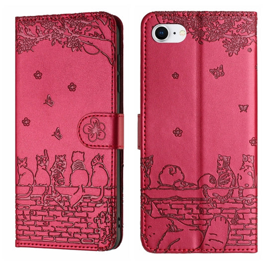 For iPhone 16e Cat Embossing Pattern Leather Phone Case with Lanyard(Red) by buy2fix