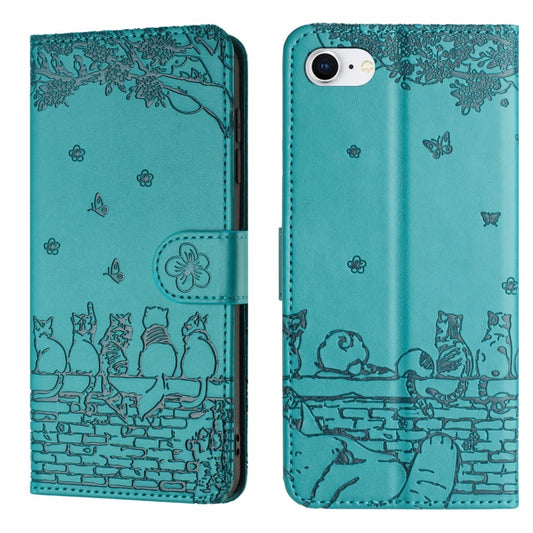 For iPhone 16e Cat Embossing Pattern Leather Phone Case with Lanyard(Blue) by buy2fix