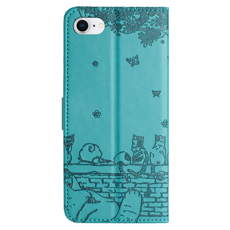 For iPhone 16e Cat Embossing Pattern Leather Phone Case with Lanyard(Blue) by buy2fix