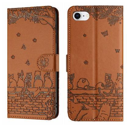 For iPhone 16e Cat Embossing Pattern Leather Phone Case with Lanyard(Brown) by buy2fix