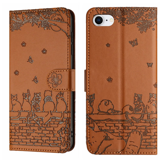 For iPhone 16e Cat Embossing Pattern Leather Phone Case with Lanyard(Brown) by buy2fix