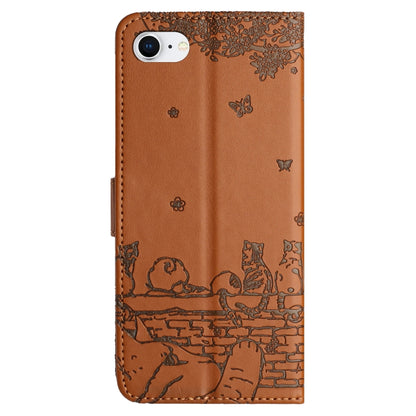 For iPhone 16e Cat Embossing Pattern Leather Phone Case with Lanyard(Brown) by buy2fix