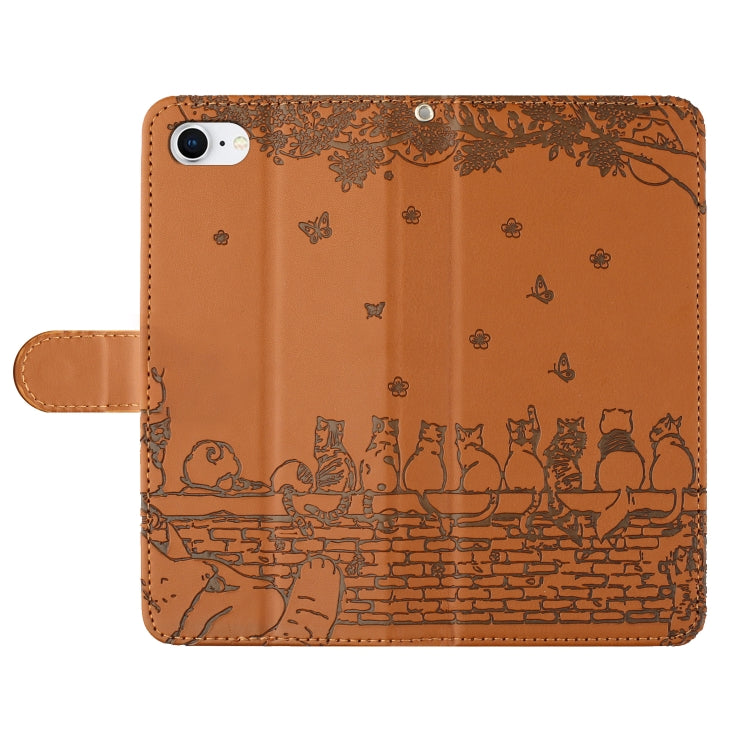 For iPhone 16e Cat Embossing Pattern Leather Phone Case with Lanyard(Brown) by buy2fix