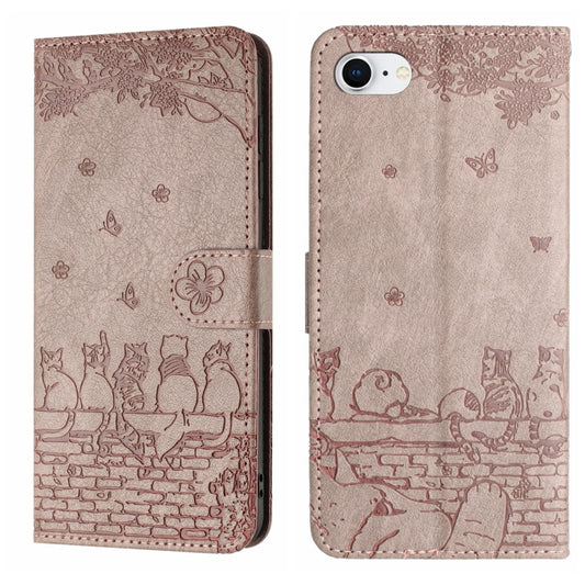 For iPhone 16e Cat Embossing Pattern Leather Phone Case with Lanyard(Grey) by buy2fix