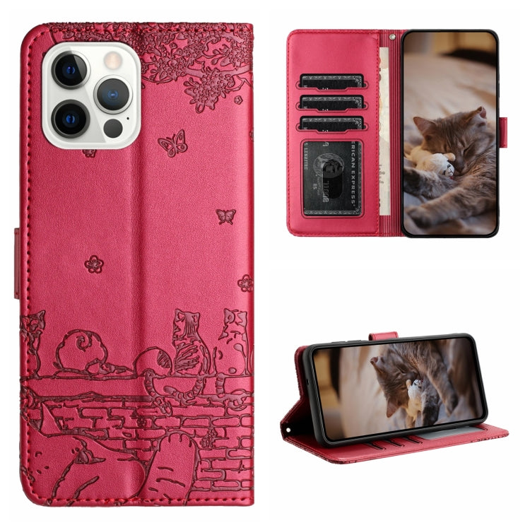 For iPhone 16 Pro Max Cat Embossing Pattern Leather Phone Case with Lanyard(Red) by buy2fix