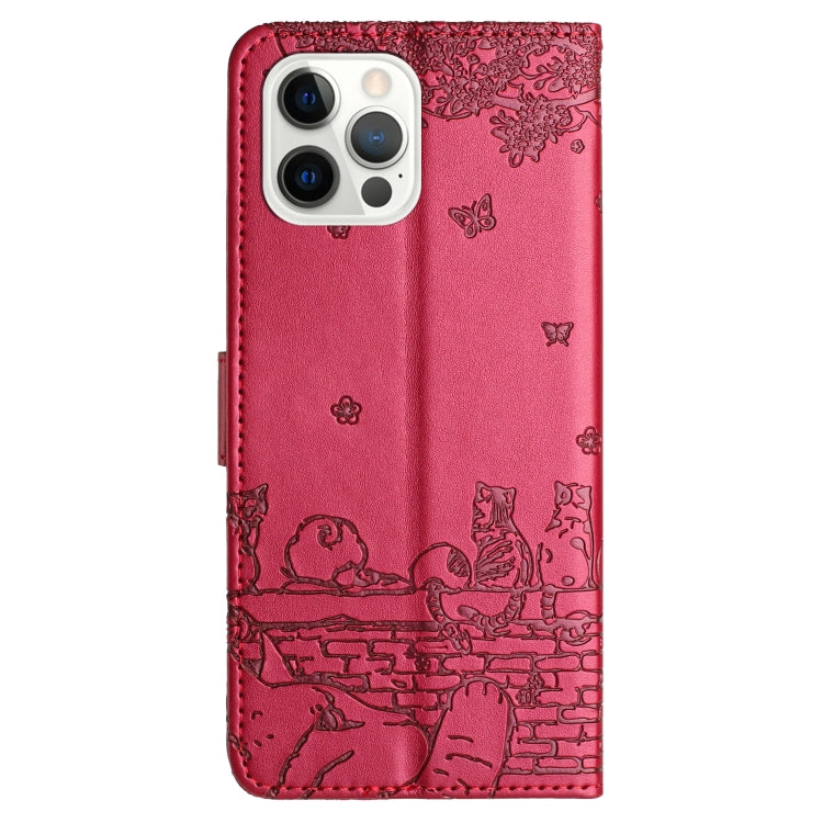 For iPhone 16 Pro Max Cat Embossing Pattern Leather Phone Case with Lanyard(Red) by buy2fix