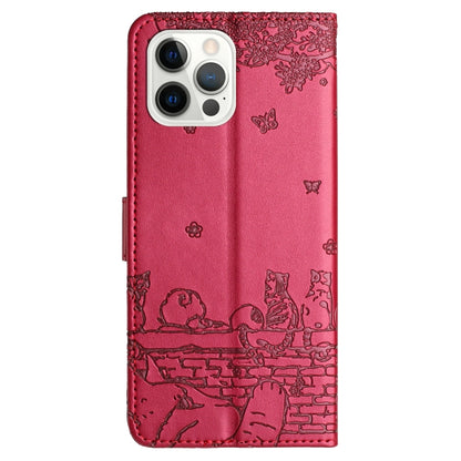 For iPhone 16 Pro Max Cat Embossing Pattern Leather Phone Case with Lanyard(Red) by buy2fix
