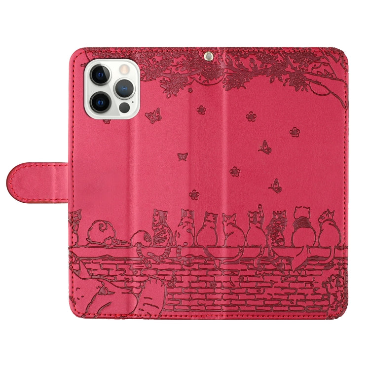 For iPhone 16 Pro Max Cat Embossing Pattern Leather Phone Case with Lanyard(Red) by buy2fix