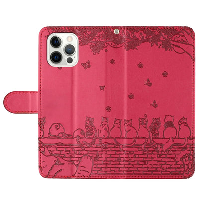 For iPhone 16 Pro Max Cat Embossing Pattern Leather Phone Case with Lanyard(Red) by buy2fix