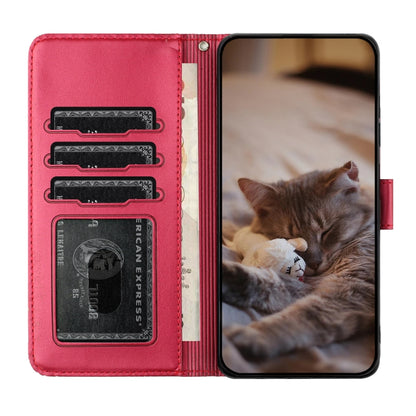 For iPhone 16 Pro Max Cat Embossing Pattern Leather Phone Case with Lanyard(Red) by buy2fix