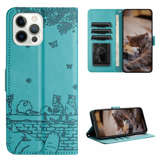 For iPhone 16 Pro Max Cat Embossing Pattern Leather Phone Case with Lanyard(Blue) by buy2fix