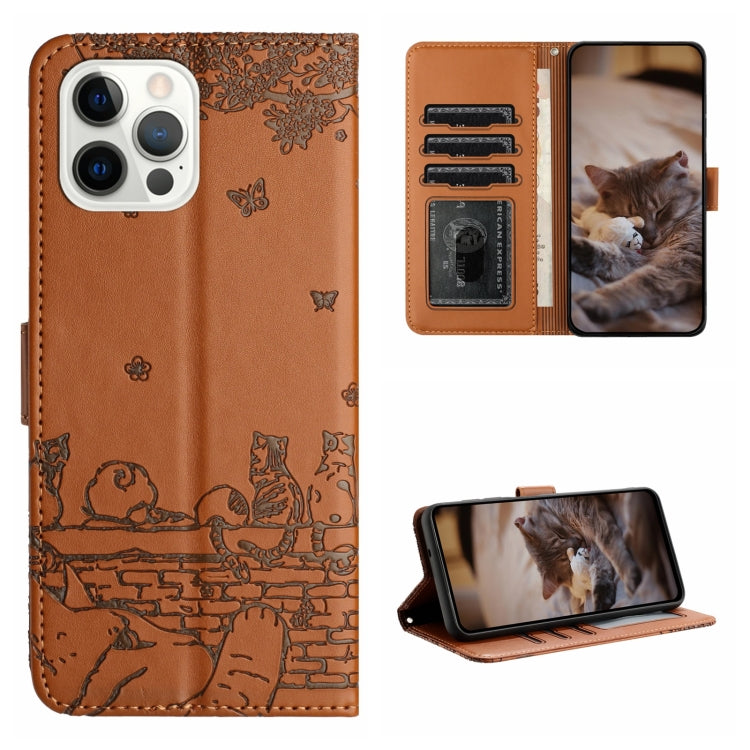 For iPhone 16 Pro Max Cat Embossing Pattern Leather Phone Case with Lanyard(Brown) by buy2fix