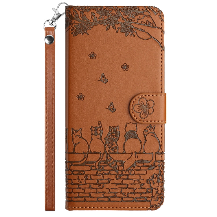For iPhone 16 Pro Max Cat Embossing Pattern Leather Phone Case with Lanyard(Brown) by buy2fix