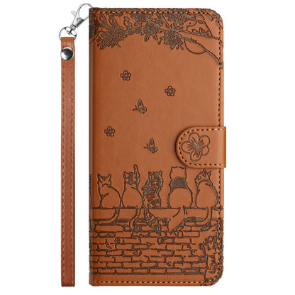For iPhone 16 Pro Max Cat Embossing Pattern Leather Phone Case with Lanyard(Brown) by buy2fix