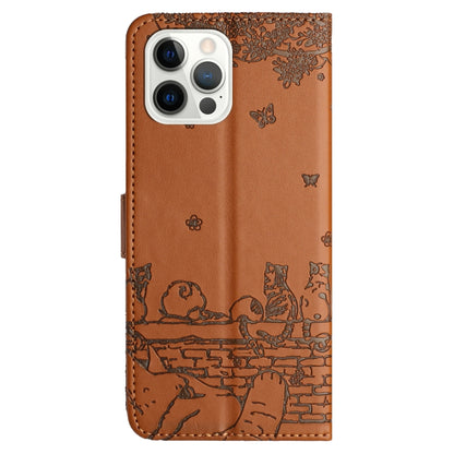 For iPhone 16 Pro Max Cat Embossing Pattern Leather Phone Case with Lanyard(Brown) by buy2fix