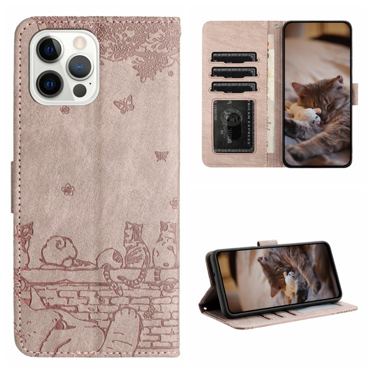 For iPhone 16 Pro Max Cat Embossing Pattern Leather Phone Case with Lanyard(Grey) by buy2fix