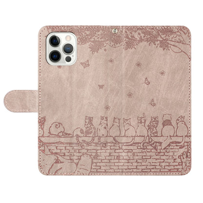 For iPhone 16 Pro Max Cat Embossing Pattern Leather Phone Case with Lanyard(Grey) by buy2fix