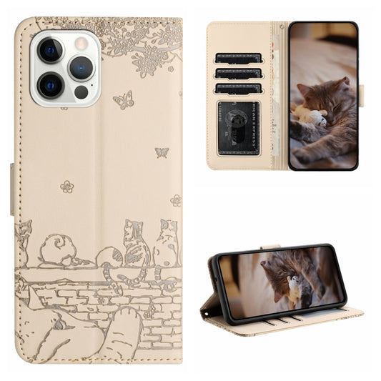 For iPhone 16 Pro Max Cat Embossing Pattern Leather Phone Case with Lanyard(Beige) by buy2fix
