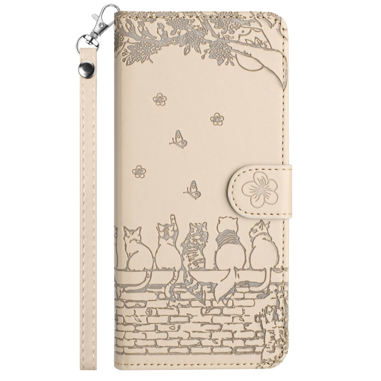 For iPhone 16 Pro Max Cat Embossing Pattern Leather Phone Case with Lanyard(Beige) by buy2fix