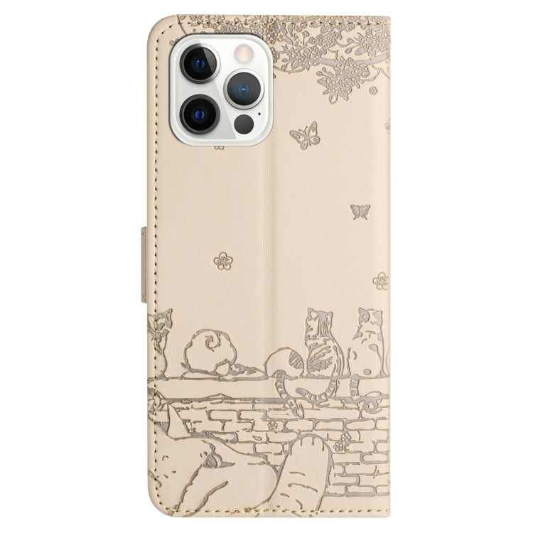 For iPhone 16 Pro Max Cat Embossing Pattern Leather Phone Case with Lanyard(Beige) by buy2fix