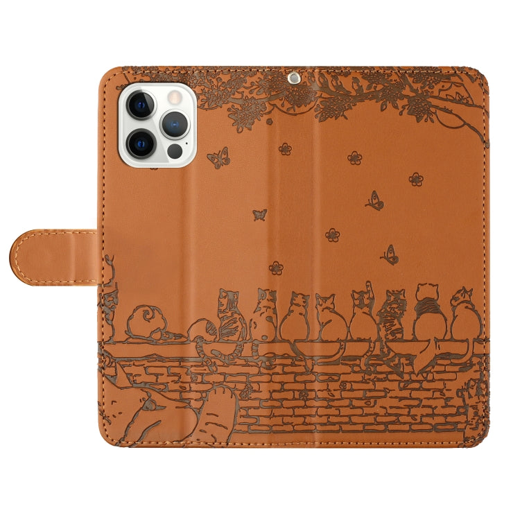For iPhone 16 Pro Cat Embossing Pattern Leather Phone Case with Lanyard(Brown) - iPhone 16 Pro Cases by buy2fix | Online Shopping UK | buy2fix