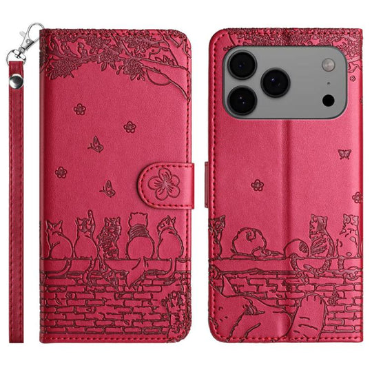 For iPhone 18 Pro Max / 17 Pro Max Cat Embossing Pattern Leather Phone Case with Lanyard(Red)