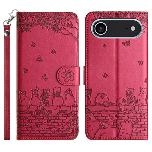 For iPhone Air Cat Embossing Pattern Leather Phone Case with Lanyard(Red) - iPhone Air Cases by buy2fix | Online Shopping UK | buy2fix