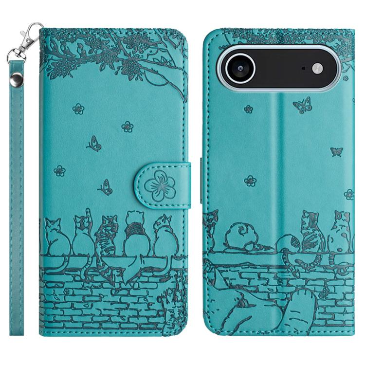 For iPhone Air Cat Embossing Pattern Leather Phone Case with Lanyard(Blue) - iPhone Air Cases by buy2fix | Online Shopping UK | buy2fix