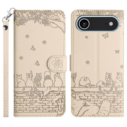 For iPhone Air Cat Embossing Pattern Leather Phone Case with Lanyard(Beige) - iPhone Air Cases by buy2fix | Online Shopping UK | buy2fix