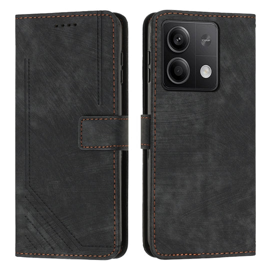For Xiaomi Redmi Note 13 Skin Feel Stripe Pattern Leather Phone Case with Long Lanyard(Black)