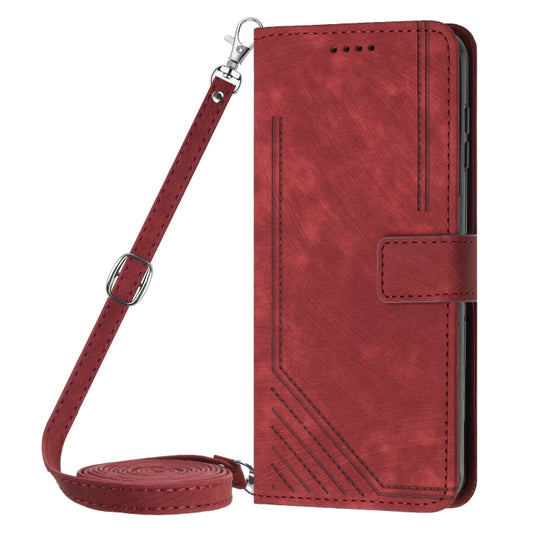 For Xiaomi Redmi Note 13 Pro+ Skin Feel Stripe Pattern Leather Phone Case with Long Lanyard(Red) - Xiaomi Cases by buy2fix | Online Shopping UK | buy2fix