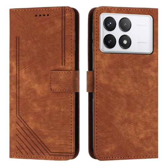 For Xiaomi Redmi K70E Skin Feel Stripe Pattern Leather Phone Case with Long Lanyard(Brown) - Xiaomi Cases by buy2fix | Online Shopping UK | buy2fix