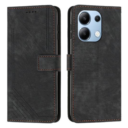 For Xiaomi Redmi Note 13 4G Global Skin Feel Stripe Pattern Leather Phone Case with Long Lanyard(Black) - Xiaomi Cases by buy2fix | Online Shopping UK | buy2fix
