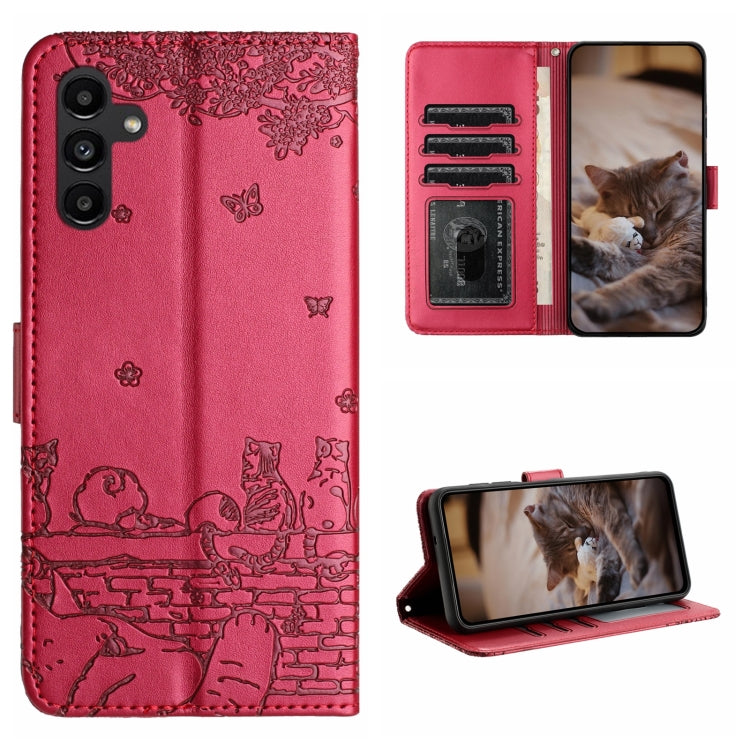 For Samsung Galaxy A24 Cat Embossing Pattern Leather Phone Case with Lanyard(Red) by buy2fix