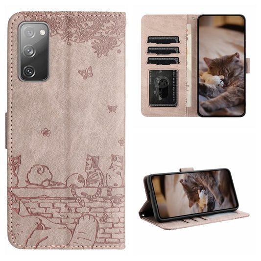 For Samsung Galaxy S20 FE Cat Embossing Pattern Leather Phone Case with Lanyard(Grey) by buy2fix