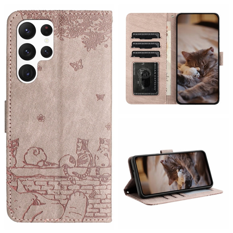 For Samsung Galaxy S22 Ultra Cat Embossing Pattern Leather Phone Case with Lanyard(Grey) by buy2fix