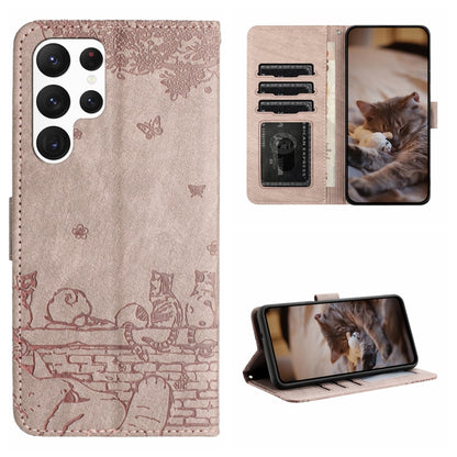 For Samsung Galaxy S22 Ultra Cat Embossing Pattern Leather Phone Case with Lanyard(Grey) by buy2fix