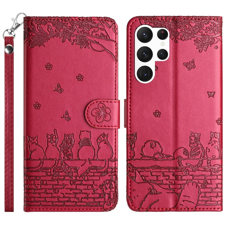 For Samsung Galaxy S24 Ultra Cat Embossing Pattern Leather Phone Case with Lanyard(Red) by buy2fix