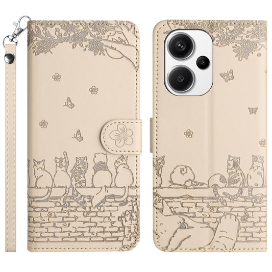 For Xiaomi Redmi Note 13 Pro+ Cat Embossing Pattern Leather Phone Case with Lanyard(Beige) - Xiaomi Cases by buy2fix | Online Shopping UK | buy2fix