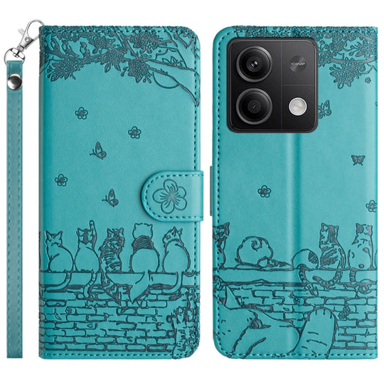 For Xiaomi Redmi Note 13 5G Cat Embossing Pattern Leather Phone Case with Lanyard(Blue)