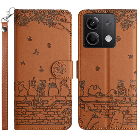 For Xiaomi Redmi Note 13 5G Cat Embossing Pattern Leather Phone Case with Lanyard(Brown)