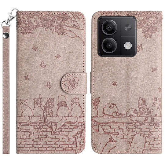For Xiaomi Redmi Note 13 5G Cat Embossing Pattern Leather Phone Case with Lanyard(Grey)