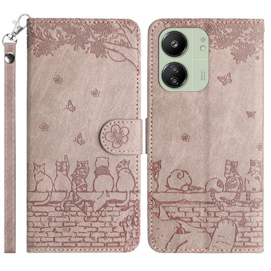For Xiaomi Redmi 13C 4G/5G/13R 5G Cat Embossing Pattern Leather Phone Case with Lanyard(Grey) by buy2fix