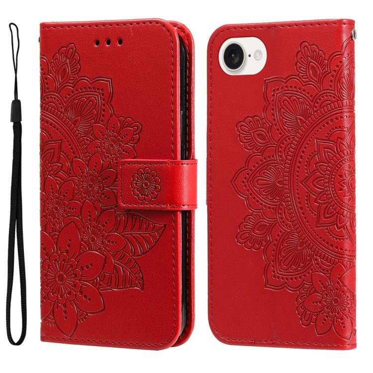 For iPhone 16e Seven-petal Flowers Embossing Leather Phone Case(Red) - iPhone 16e Cases by buy2fix | Online Shopping UK | buy2fix